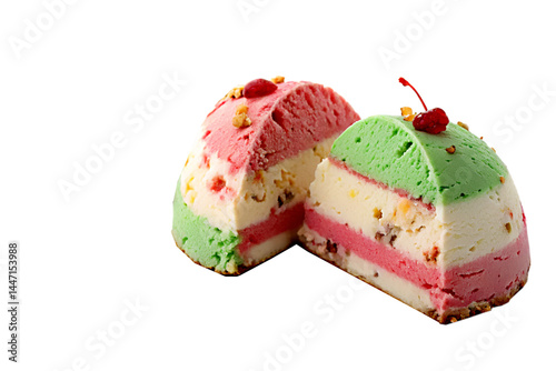 A delicious pink strawberry cream cake, a sweet pastry with white icing, and a gourmet slice of pink cake are tasty baked desserts.