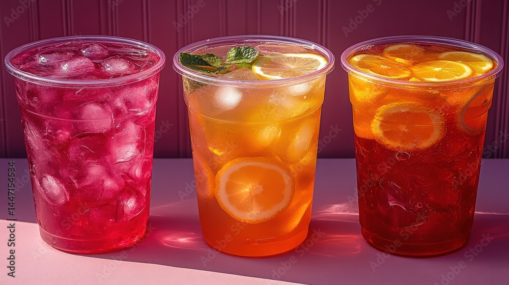 Refreshing iced beverages in plastic cups Refreshing iced beverages in plastic cups