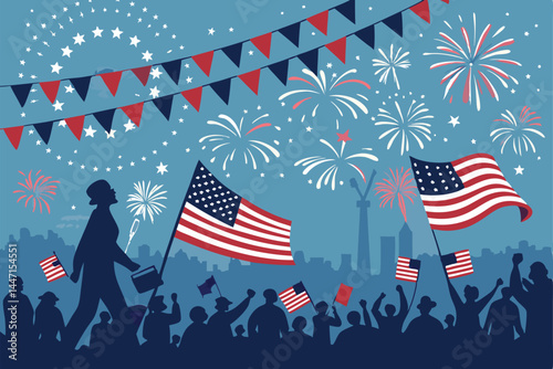 Design a vibrant vector illustration of a national holiday parade featuring flags, fir trees, and celebratory elements.  Focus on festive atmosphere and patriotic details.