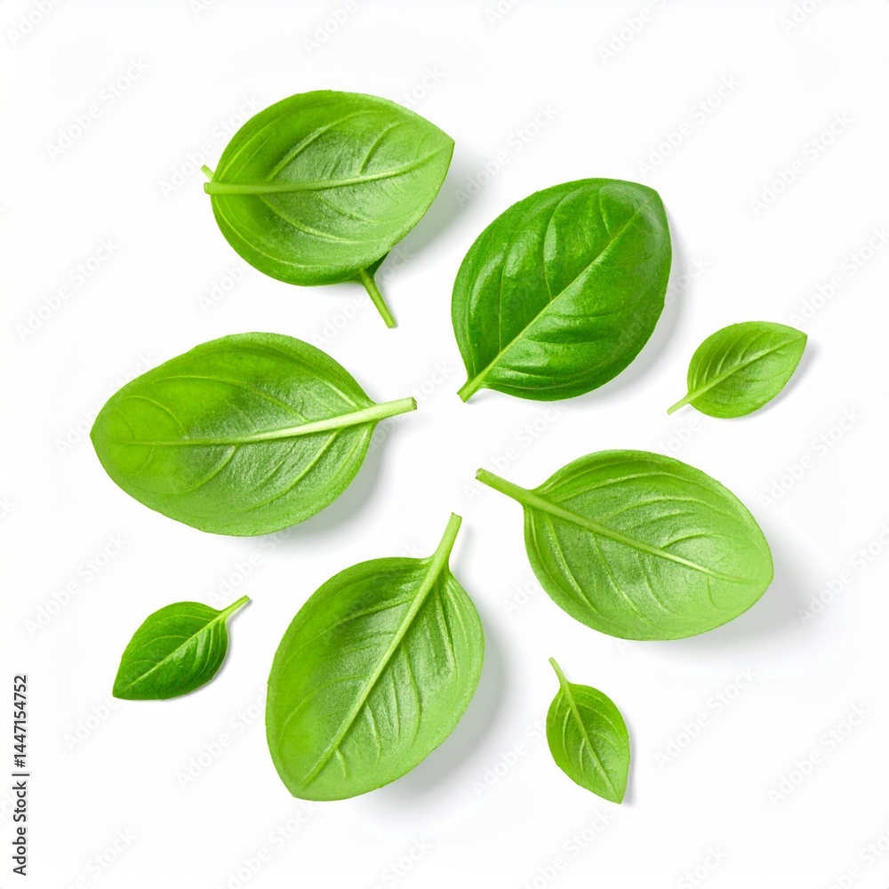 Fresh Basil Leaves Scattered with Soft Shadow on Isolated White Background Fresh Basil Leaves Scattered with Soft Shadow on Isolated White Background