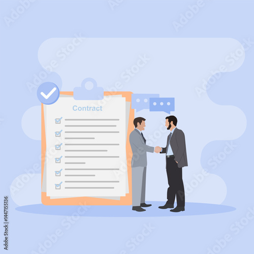 Business Meeting. Concept of agreement of employment contract. Illustration in flat style.