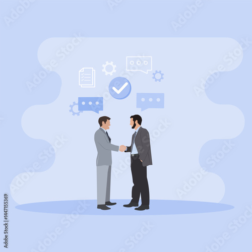 Business Meeting. Concept of agreement of employment contract. Illustration in flat style.
