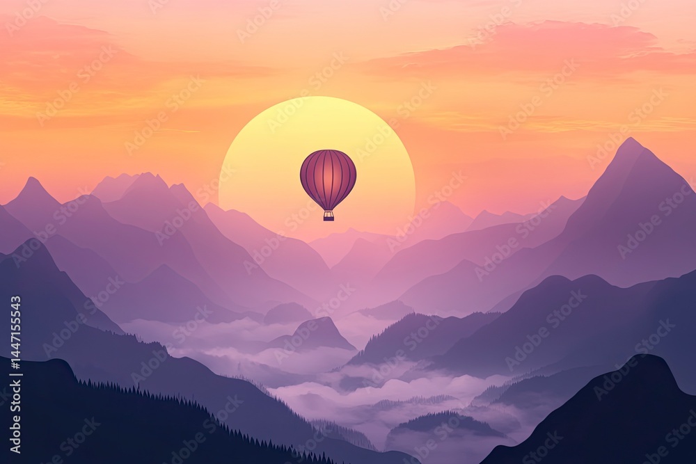 Fototapeta premium A hot air balloon soaring over the misty mountains at sunrise, a beautiful landscape with ample space for text and a travel concept. 