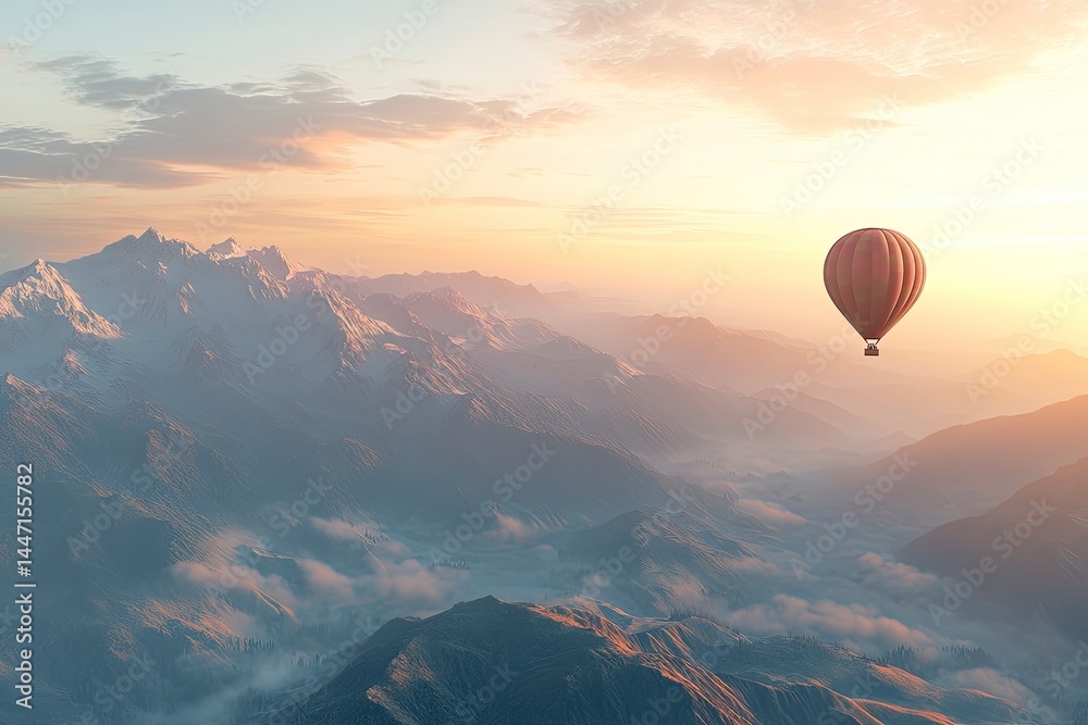 Fototapeta premium A hot air balloon soaring over the misty mountains at sunrise, a beautiful landscape with ample space for text and a travel concept. 