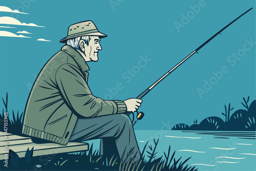 An elderly man serenely fishing at the tranquil edge of a calm lake at dawn; peaceful atmosphere.