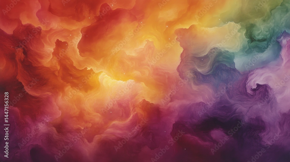 Fototapeta premium Overhead view showcases a vibrant watercolor artwork featuring cosmic themes with swirling nebulae and starbursts in rich psychedelic colors on textured paper