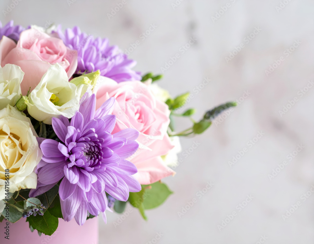 Obraz premium beautiful arrangement of pastel pink, purple, and white flowers, featuring roses, daisies, and greenery, creating fresh and vibrant atmosphere. Perfect for celebrations or home decor
