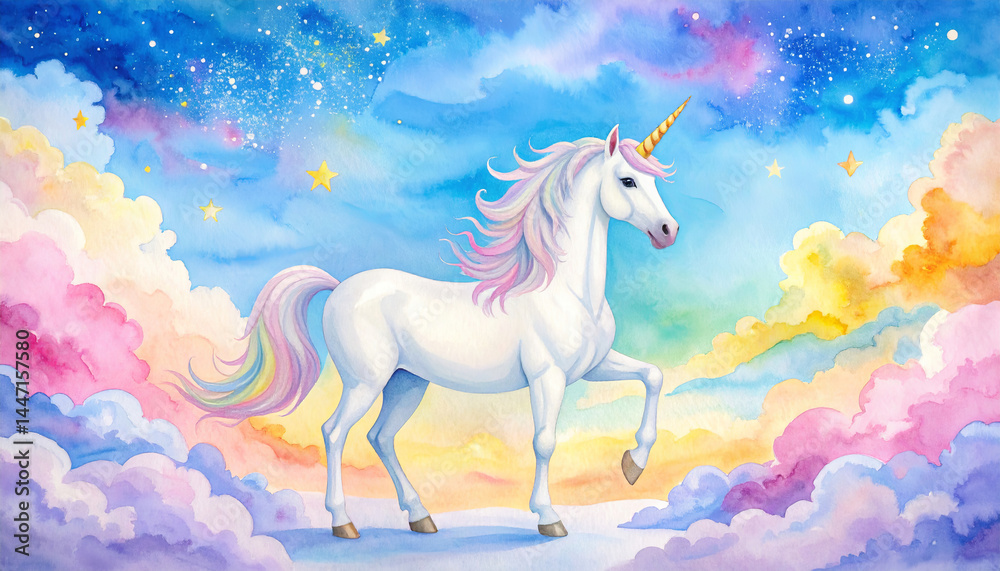 Fototapeta premium magical white unicorn stands gracefully among colorful clouds under starry sky, evoking sense of wonder and enchantment. vibrant hues create dreamy atmosphere
