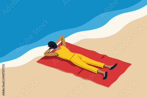 A person relaxes, sunbathing on a striped beach mat, enjoying the sun and sand on a tranquil beach.  The scene evokes summer relaxation.
