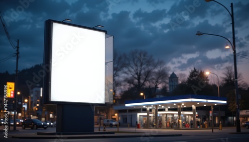 Fototapeta Naklejka Na Ścianę i Meble -  Billboard mockup, gas station background, dusk lighting, urban setting, blurred lights, advertising space, blank white display, outdoor marketing, service station ambiance, 4k image