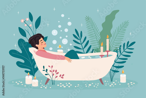 A serene person enjoys a luxurious bubble bath, surrounded by flickering candlelight and aromatic bath salts, promoting relaxation and self-care.