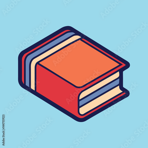 Stylized open book illustration with bright colors and heavy dark blue outline