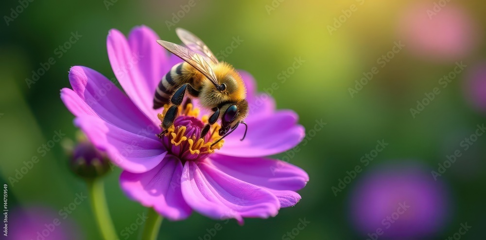 A bee's proboscis deeply immersed in a vibrant purple flower, collecting nectar , honey, wildlife A bee's proboscis deeply immersed in a vibrant purple flower, collecting nectar , honey, wildlife