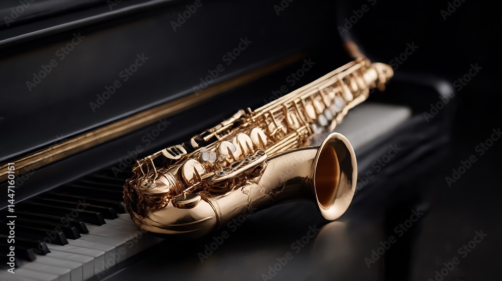 Naklejka premium Golden saxophone resting on piano keys, captured in soft, diffused light