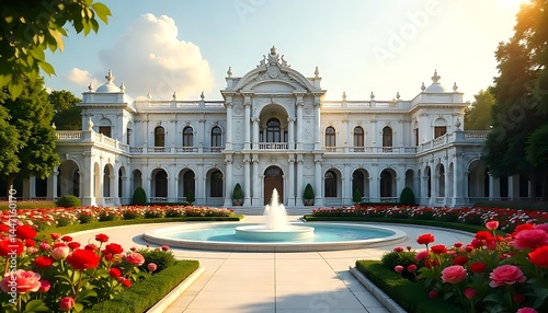 Elegant white palace with classical dome and rose garden pathway view high resolution picture