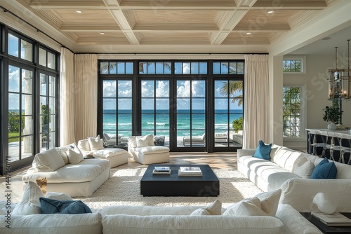Cozy living room with white sofa and chairs, ocean views from large windows in Palm Beach, Florida, coastal style, luxury design, and blue accents.