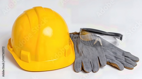 A safety equipment set including a yellow hard hat, clear safety glasses, and grey gloves is displayed on a white background, emphasizing jobsite protection.

