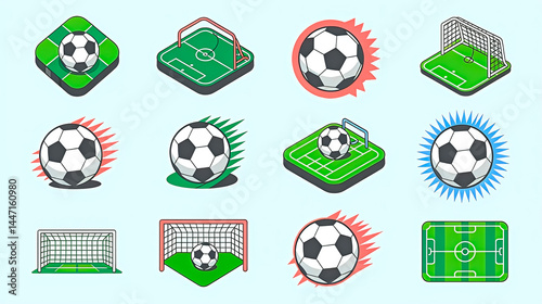Modern icon set featuring footballs, soccer balls and football goals in dynamic, stylized designs.
