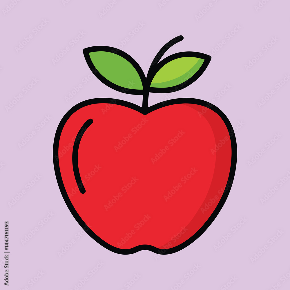 Stylized Red Apple with Green Leaves on a Light Purple Background Stylized Red Apple with Green Leaves on a Light Purple Background