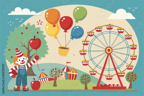 Design a vibrant summer funfair poster using a cut-out paper style.  Showcase playful carnival elements with bold colors and playful fonts.
