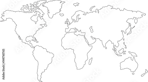 Abstract world map. Black outline silhouette on white background. Flat vector illustration. Background with Earth.