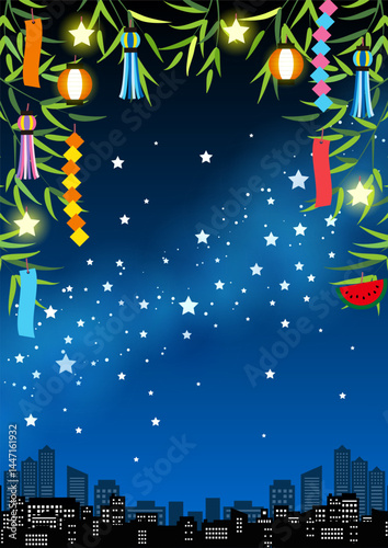 七夕背景、イラスト、かわいい、ビル街、天の川、縦