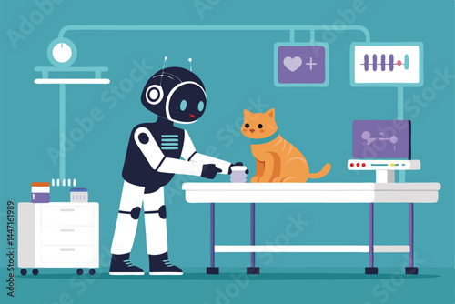 A futuristic veterinary clinic a robotic assistant gently examines a feline patient, showcasing advanced veterinary technology.