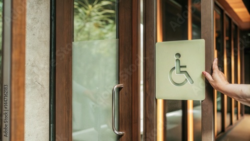 Muted Tones Style. Close-up of an accessible entrance sign with an open hand gesture.