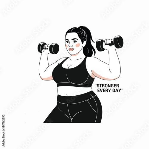 Fat woman lifting dumbbells Overweight woman fitness concept hand drawing