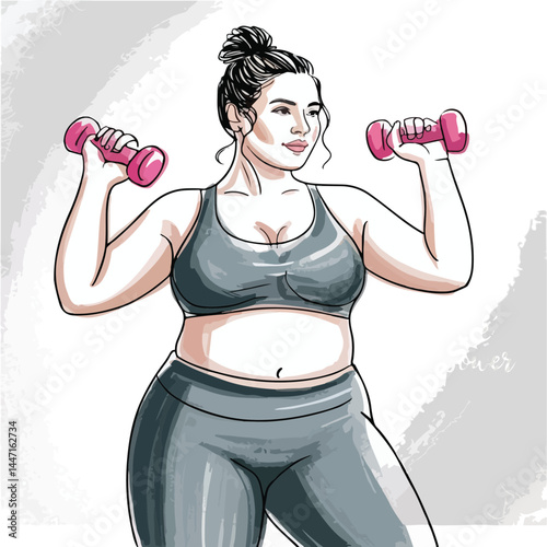 Fat woman lifting dumbbells Overweight woman fitness concept hand drawing
