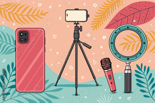 Design a seamless background pattern featuring trendy influencer tools smartphone, laptop, camera, microphone, makeup, and coffee cup.  Style should be modern and vibrant.