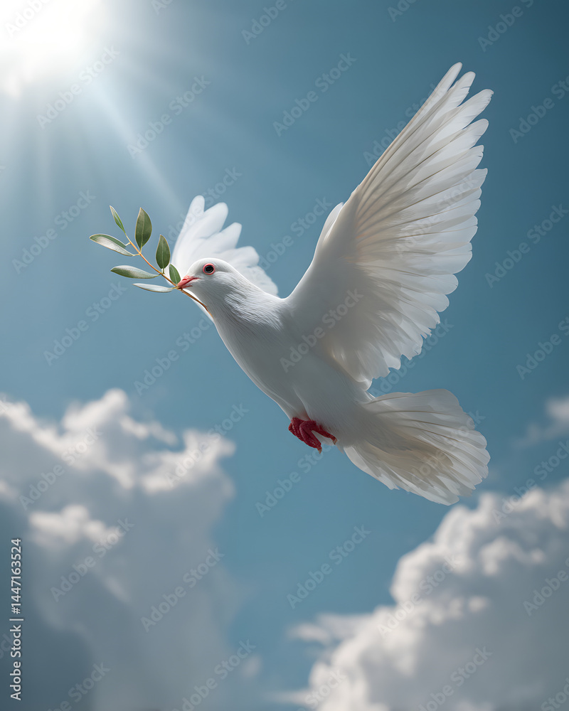 White dove soars with olive branch, sunlit clouds and blue sky evoke serene hope White dove soars with olive branch, sunlit clouds and blue sky evoke serene hope