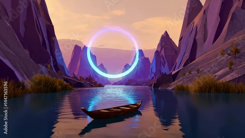 Tranquil Scenic View of a Rowboat Under a Mystical Ring in a Dramatic Mountain Landscape