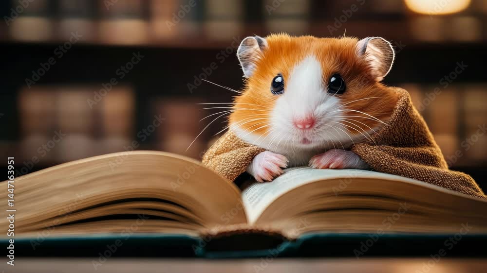 Hamster is sitting on top of an open book. The hamster is looking at the camera with a curious expression. The scene is playful and lighthearted