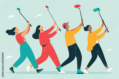Create a seamless vector pattern featuring diverse influencers stylishly posing with selfie sticks, showcasing various trendy backgrounds and outfits.