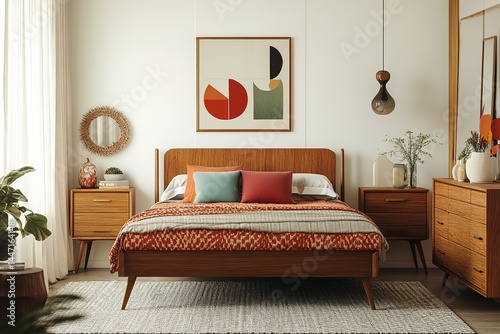 A mid-century modern bedroom with clean lines, wooden furniture, and pops of retro colors