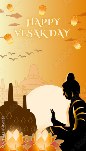 Happy Vesak day greeting card with Buddha, temple, lotus on golden background. ( original illustration, not AI-generated )