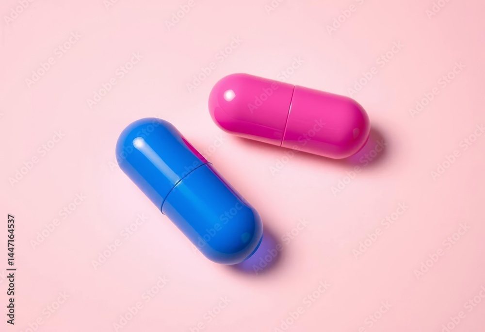Two glossy capsules, blue and pink, rest on a soft pastel background, design, studio shot Two glossy capsules, blue and pink, rest on a soft pastel background, design, studio shot