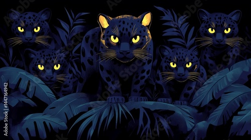 Enigmatic nocturnal assemblage of feline silhouettes in shadowy pixelated style evoking an aura of mysterious wilderness and lurking curiosity at night