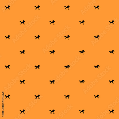 Seamless pattern with galloping horses. Black silhouettes of animals on a orange background. Minimalist print for fabric. Chinese new year of the horse 2026.