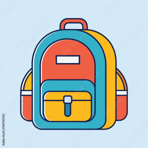 Illustration of a brightly colored backpack with a handle, side pockets and zipper