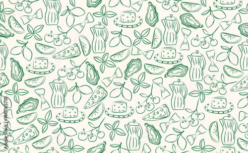 Hand drawn italian food seamless pattern. Chalk crayon sketch dish with pizza, cheese, pasta, oyster, tomato, olives, italy ingredients for menu in doodle style. Vector illustration.