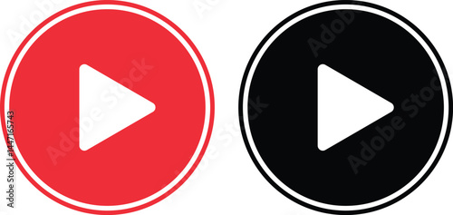 red and black round play button icons with white triangle in the center, simple modern vector design for media use	
