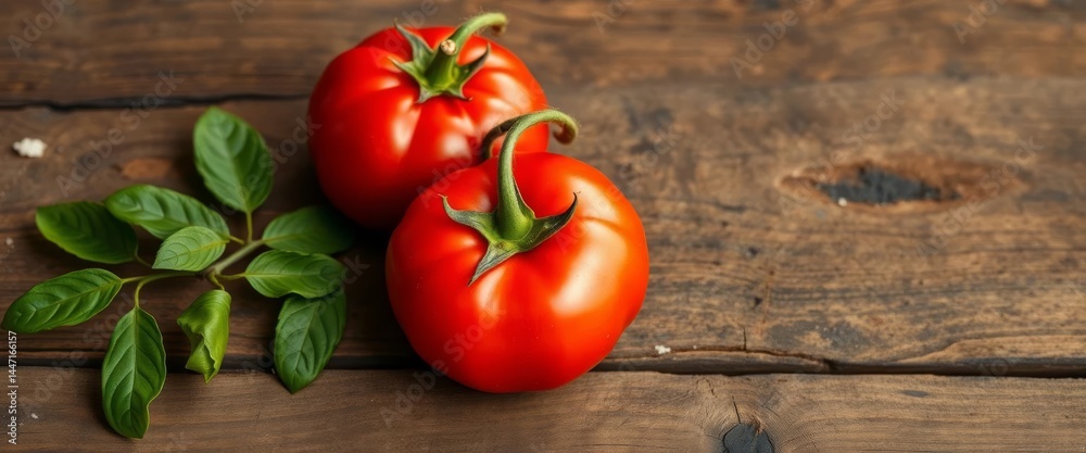 Two plump, red beefsteak tomatoes on rustic wooden surface, nature, photography Two plump, red beefsteak tomatoes on rustic wooden surface, nature, photography