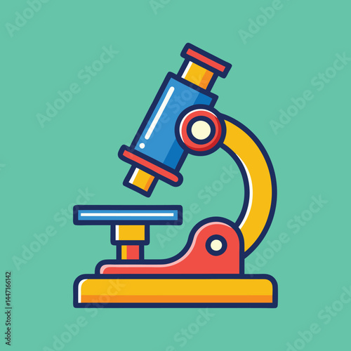 Colorful cartoon microscope illustration on bright teal background for educational use