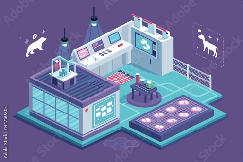 A stylized futuristic animal laboratory interior with a vibrant, glowing neon floor; sleek metallic equipment, advanced technology, and bioluminescent animal subjects.