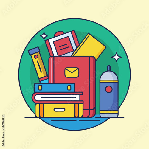 Cartoon illustration of books, a pencil, an address book and spray paint