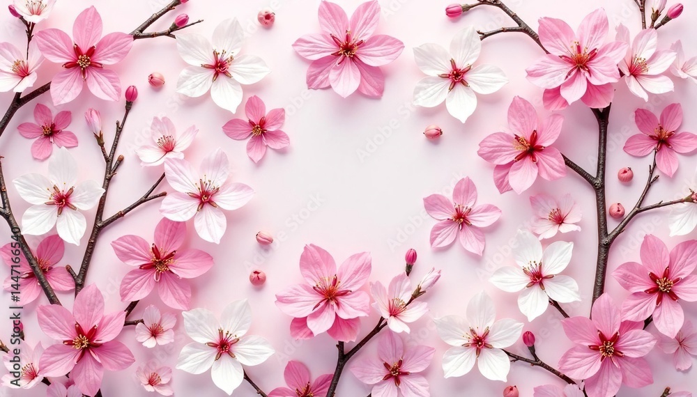 Intricate repeating sakura motif, full bloom, pastel pink and white hues , japanese, blossom