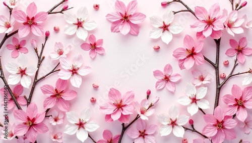 Intricate repeating sakura motif, full bloom, pastel pink and white hues , japanese, blossom