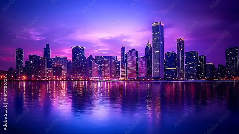 Fototapeta premium Vibrant city skyline reflected in tranquil water at twilight.